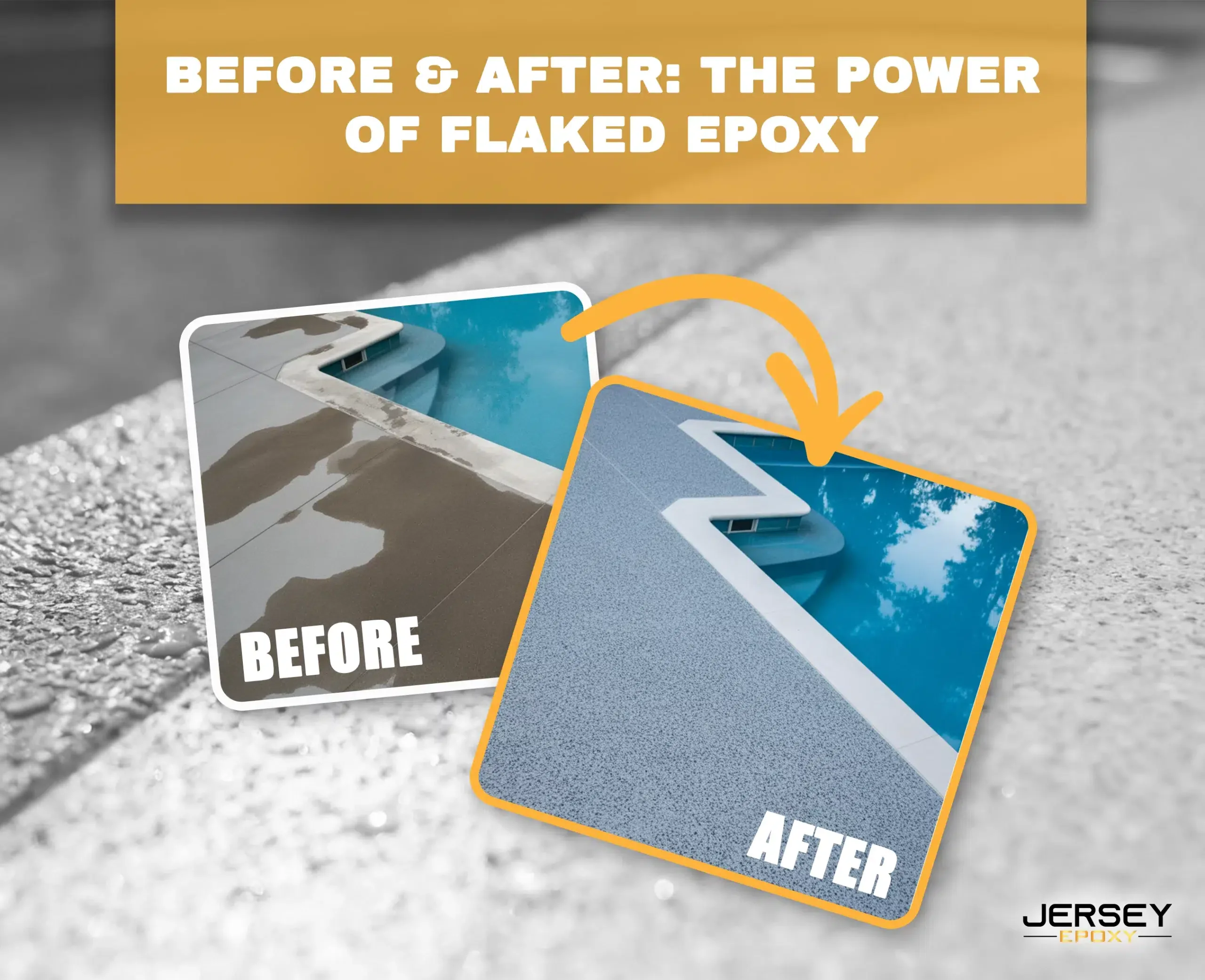 Cracked pool deck repaired with Jersey Epoxy flaked coating for durability and aesthetic upgrade.