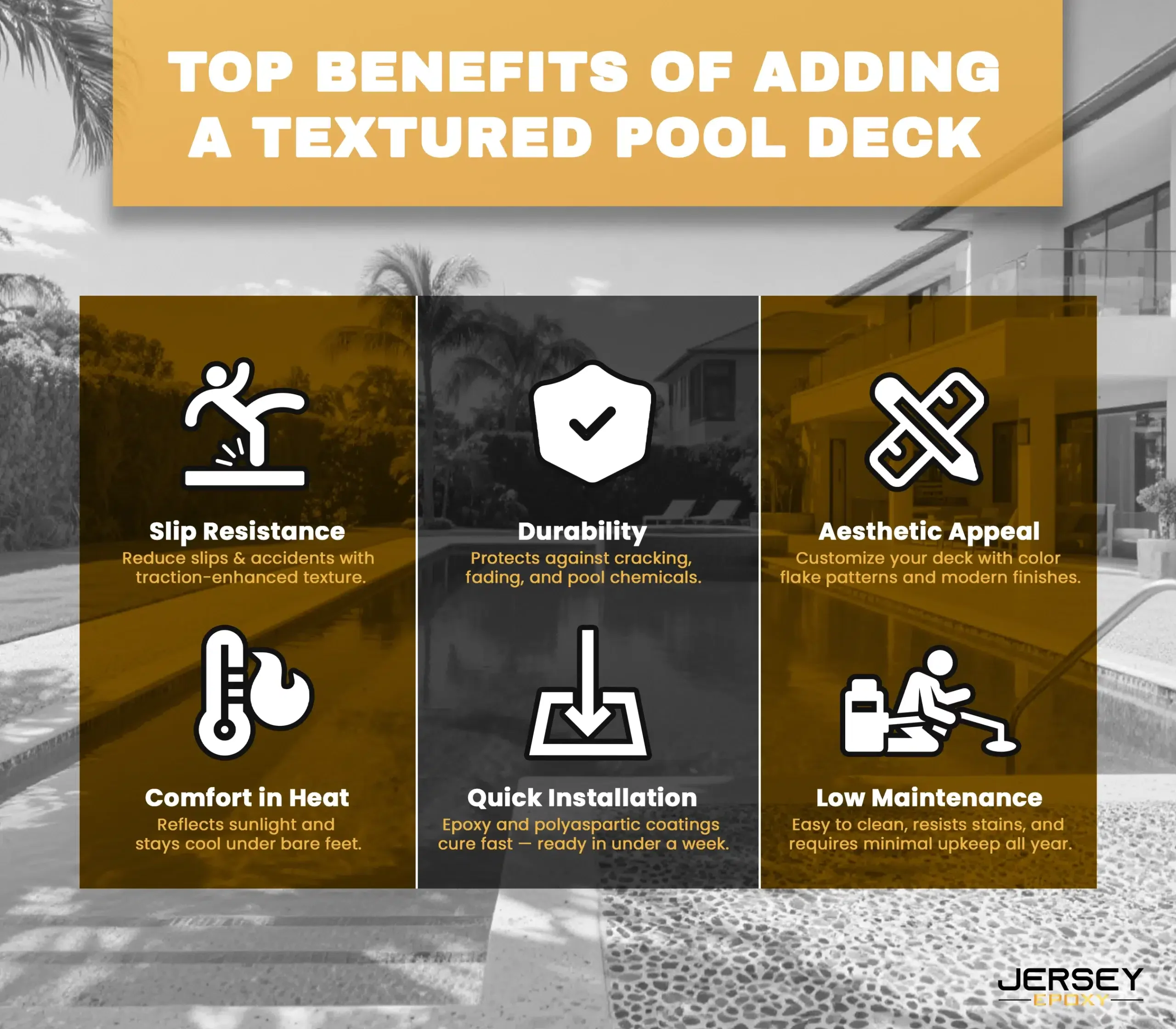 Slip-resistant textured pool deck for safety and style.