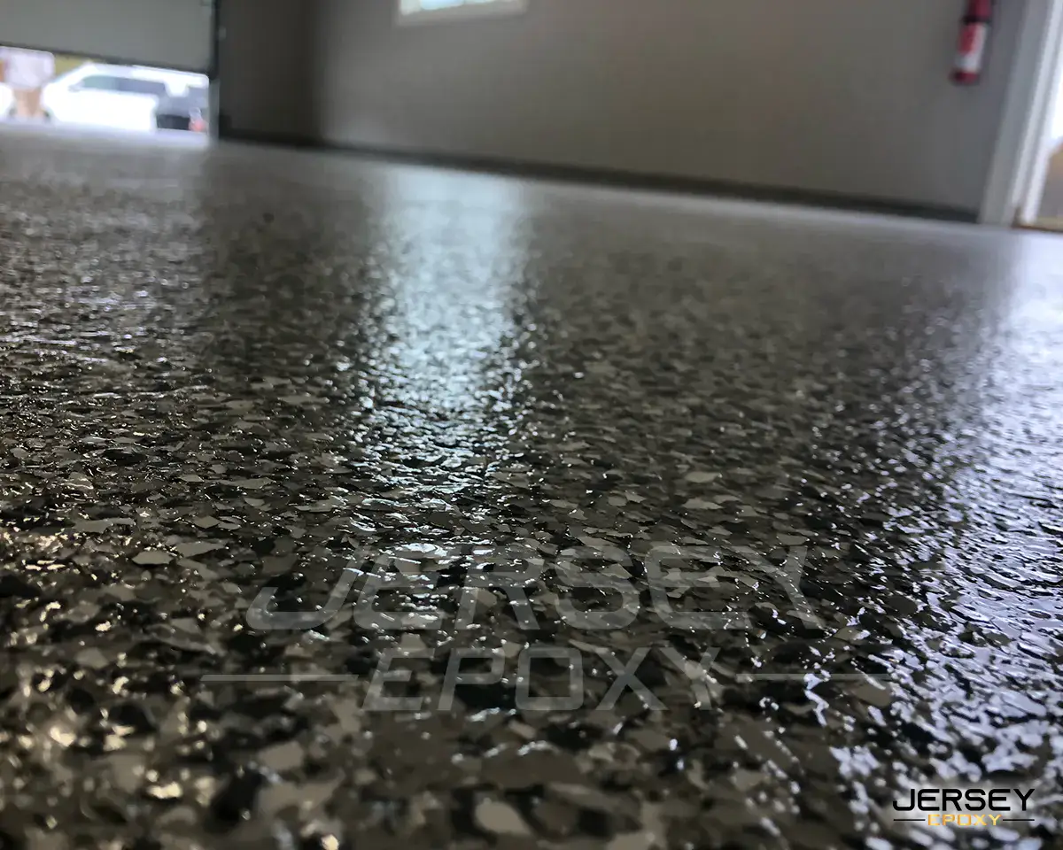 Vivid epoxy floor coating with textured finish for durability and style.