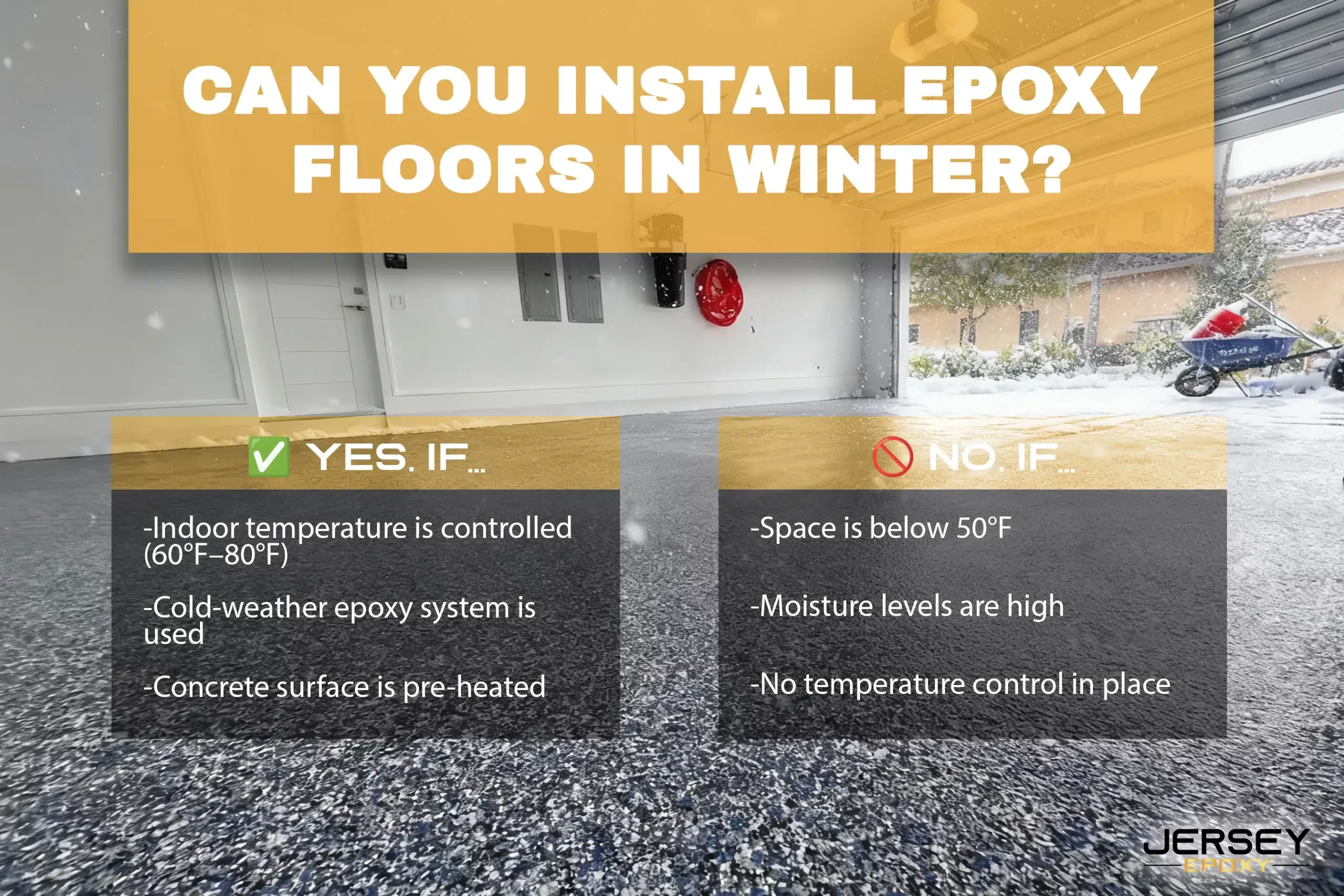 Epoxy flooring installation in winter, showcasing durable, weather-resistant epoxy surfaces for cold climates.