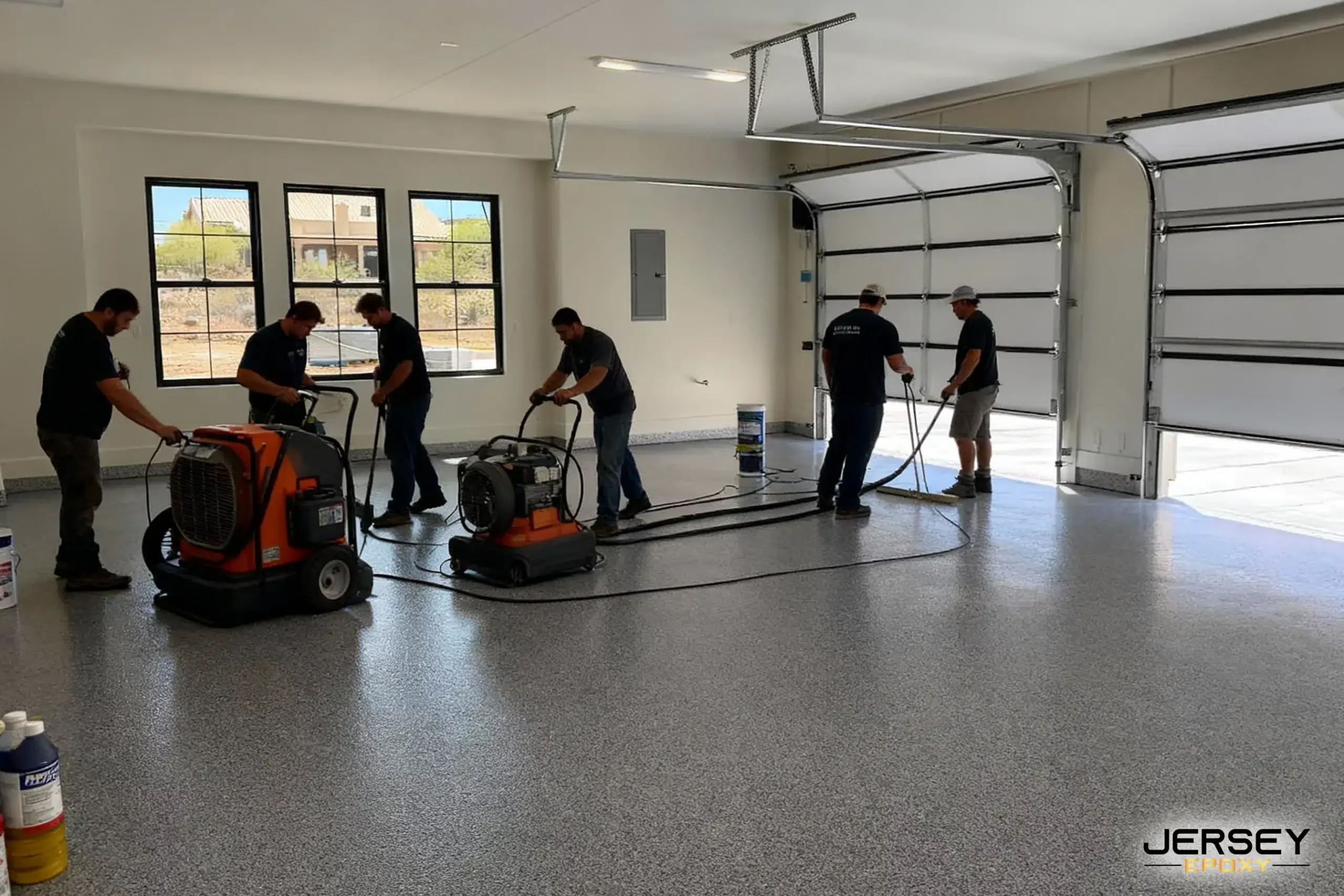 Vibrant epoxy flooring installation in a spacious garage by professional team for durable and sleek surfaces.
