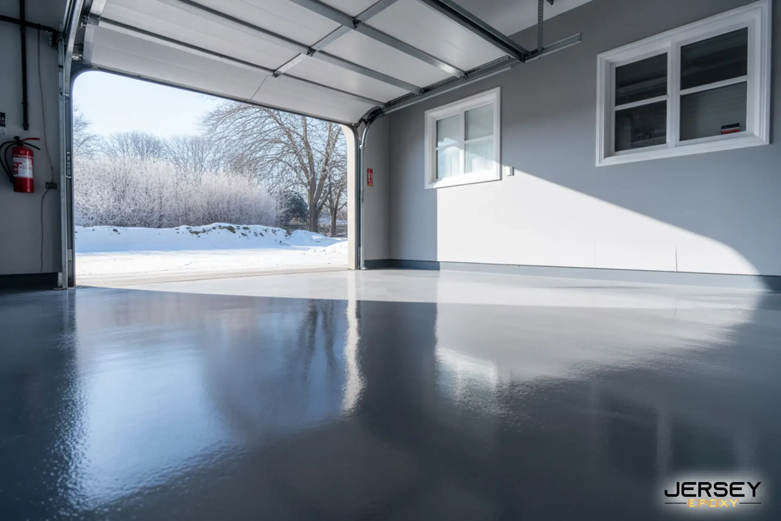 Seamless epoxy floor in garage with glossy finish and snow outside.