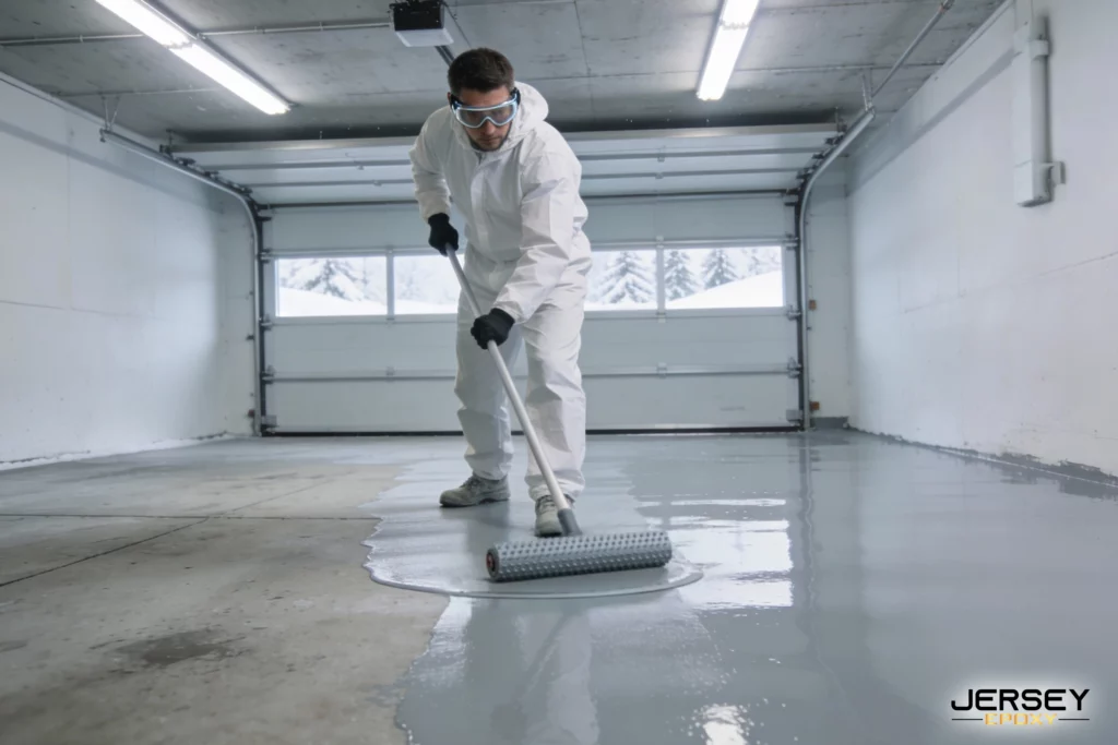 Do Polyaspartic Floor Coatings Cure Faster in Cold Weather? Epoxy flooring installation in a garage with professional worker applying gray epoxy coating for durability.