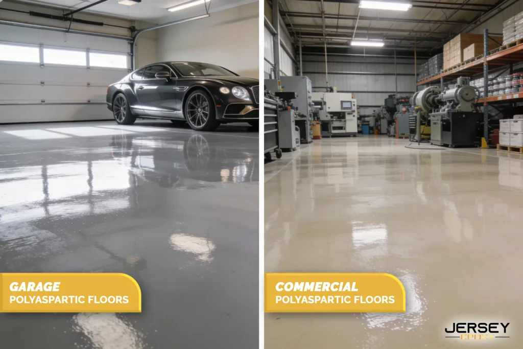 Do Polyaspartic Floor Coatings Cure Faster in Cold Weather? Shiny epoxy garage and commercial polyaspartic floors with high durability and a professional finish.