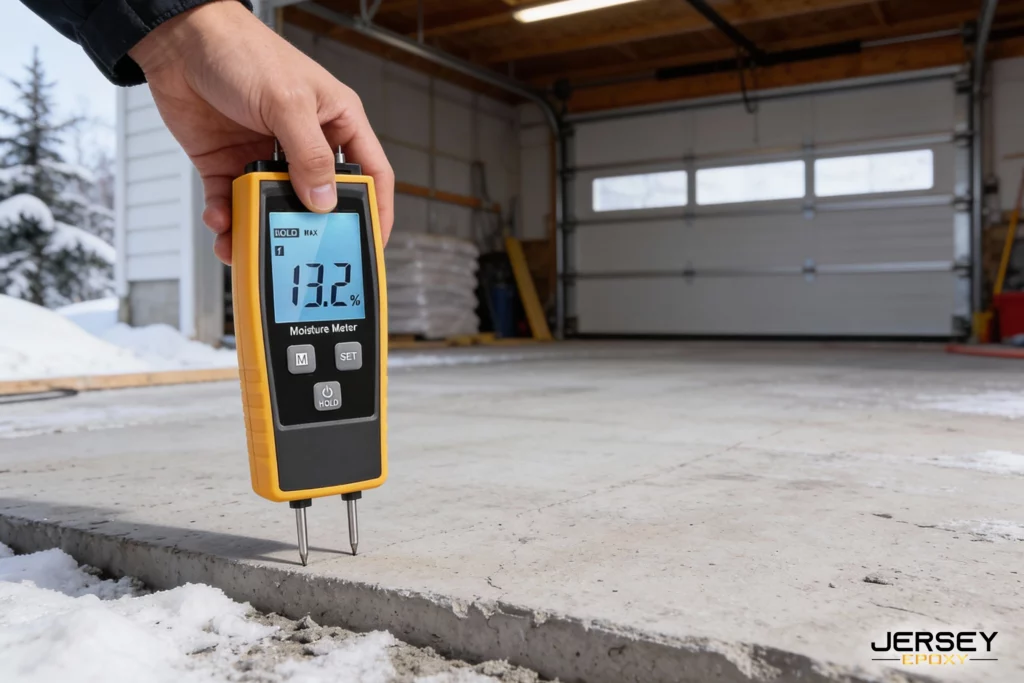 Do Polyaspartic Floor Coatings Cure Faster in Cold Weather? Close-up of moisture meter reading low moisture on concrete slab