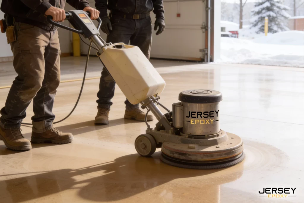 Do Polyaspartic Floor Coatings Cure Faster in Cold Weather? Polished concrete floor being resurfaced with Jersey Epoxy floor grinder in a garage.