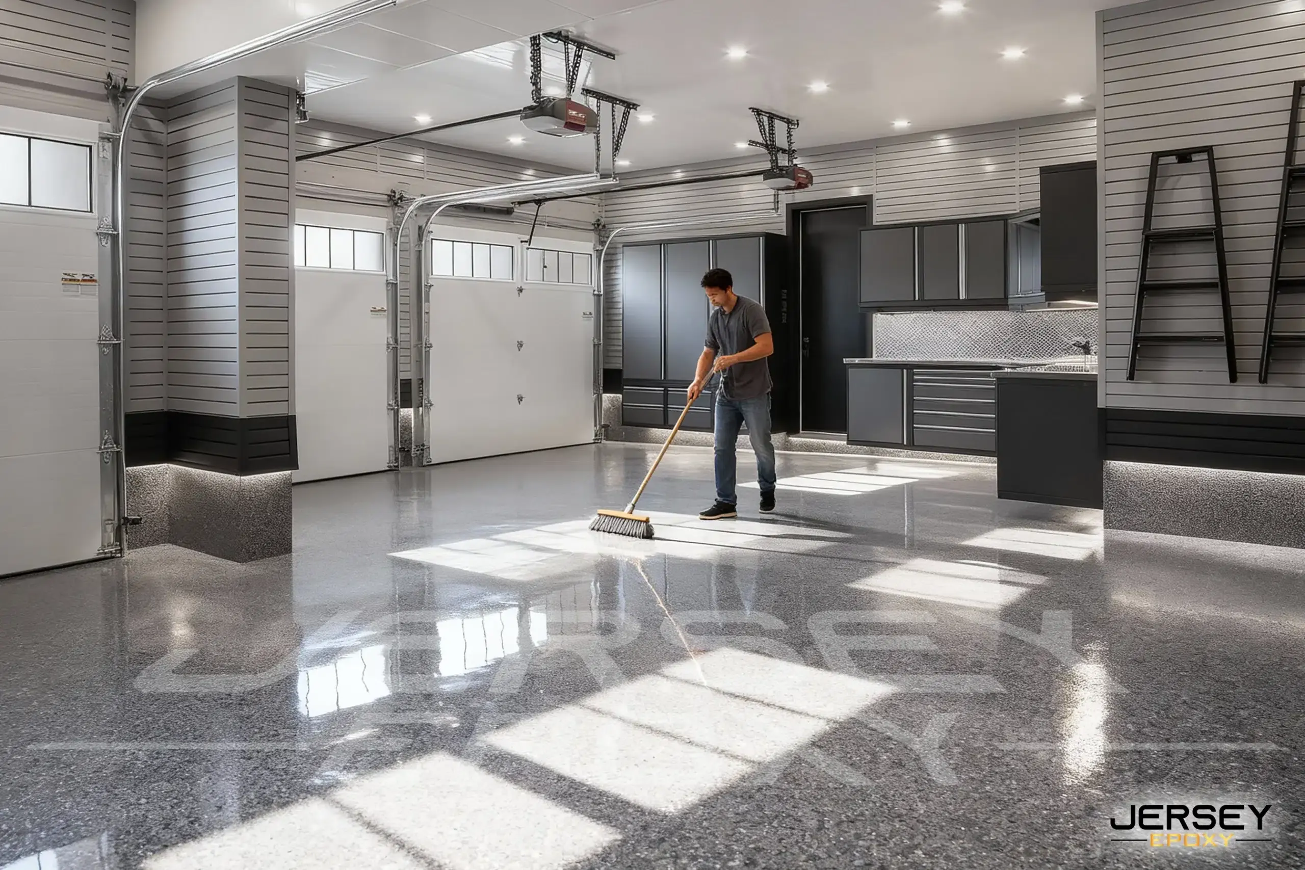 Durable epoxy garage floor coating in a sleek gray finish.