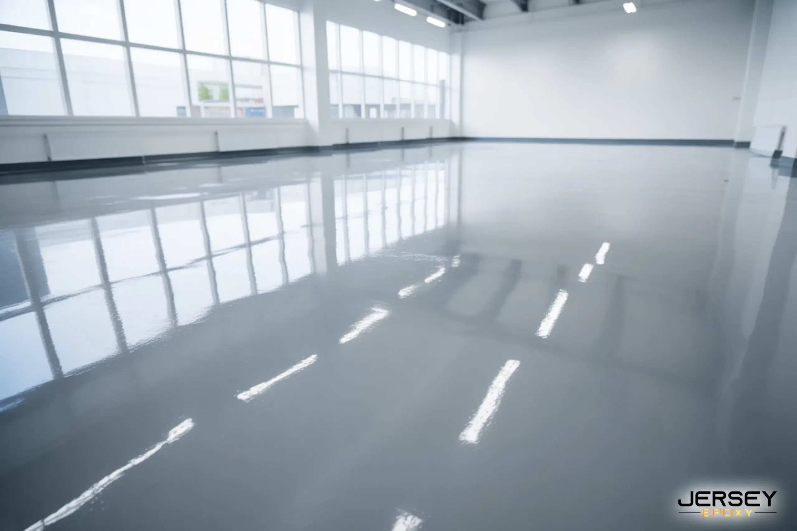 Shiny epoxy-coated floor in a large commercial space with ample natural light.