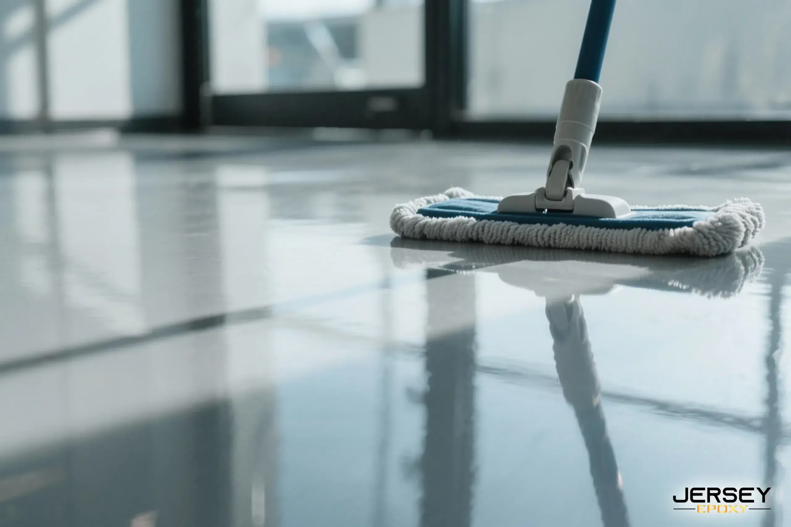 Durable epoxy floor coating application with mop on smooth, polished concrete surface.