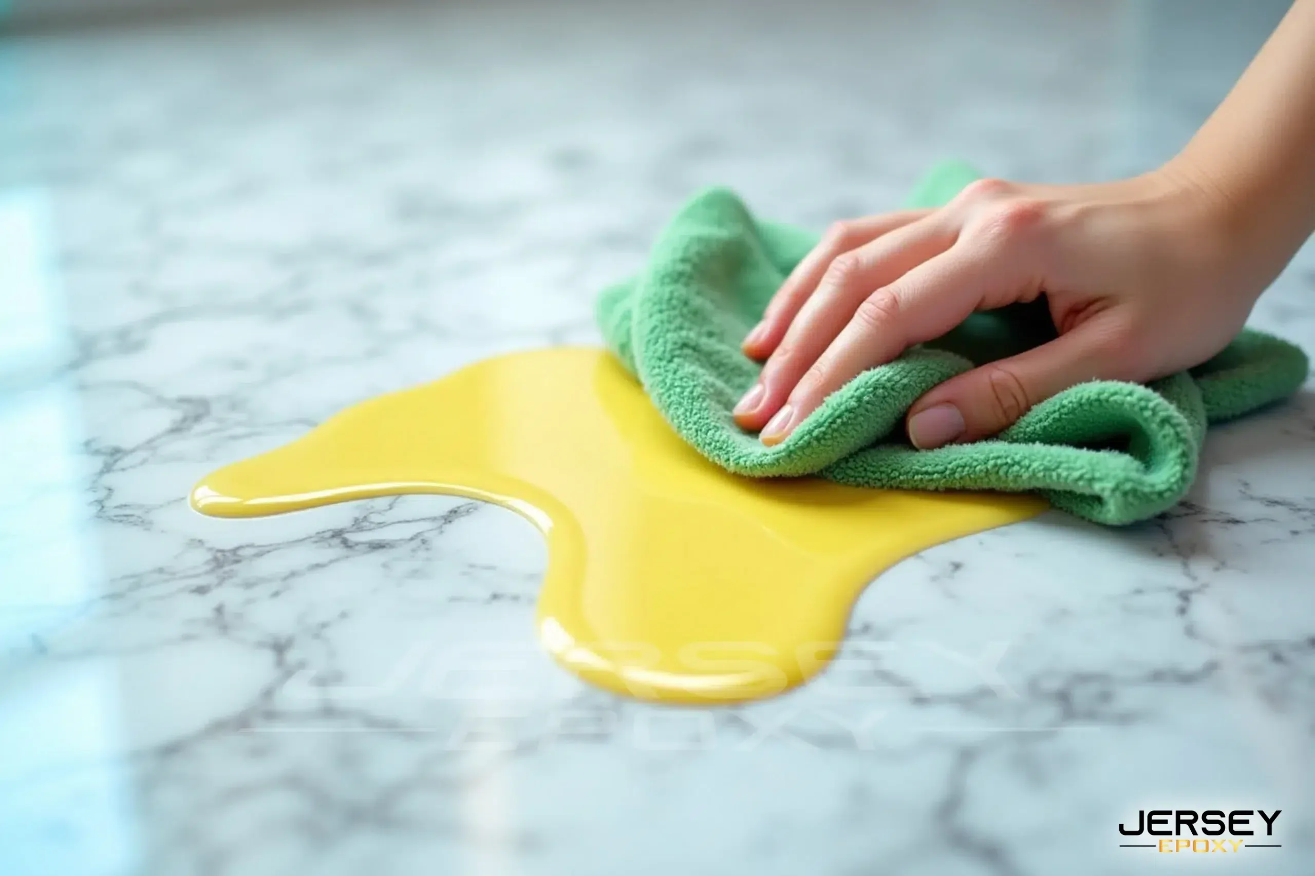 Colorful epoxy resin spill on marble surface with hand wiping, showcasing durable epoxy floor coating.