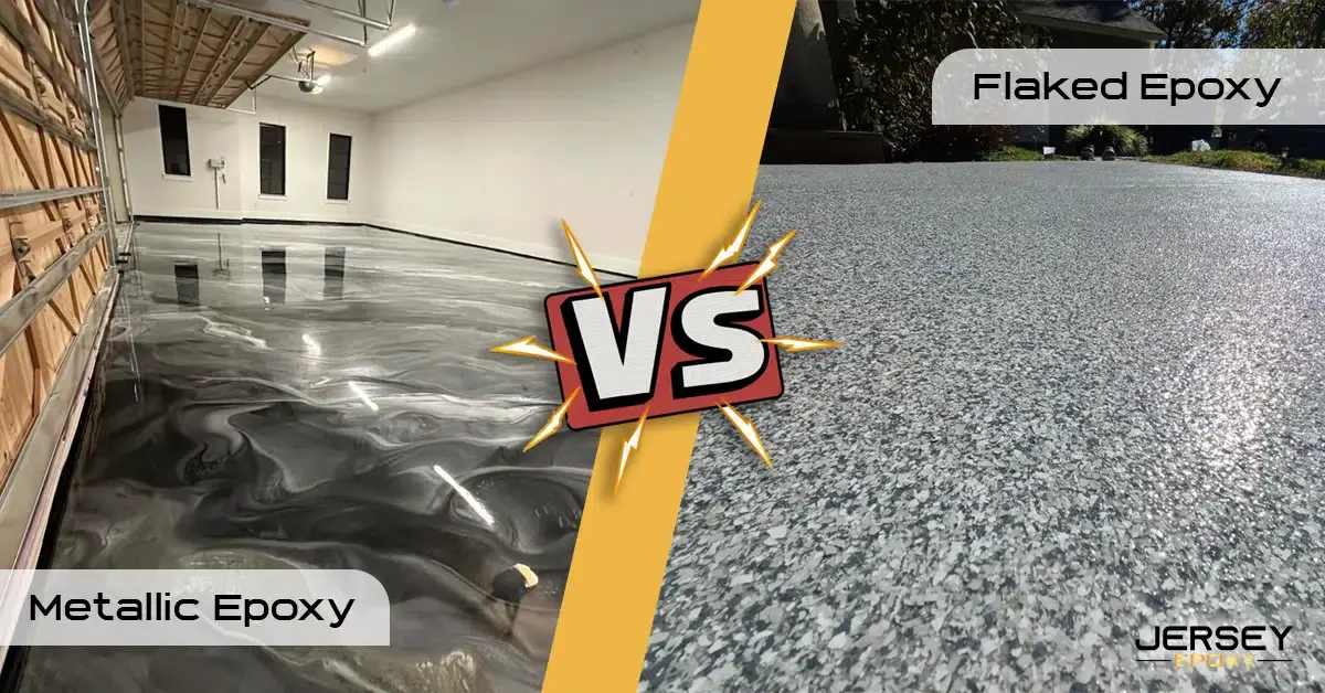 Side-by-side image of metallic and flaked epoxy flooring for homes and garages