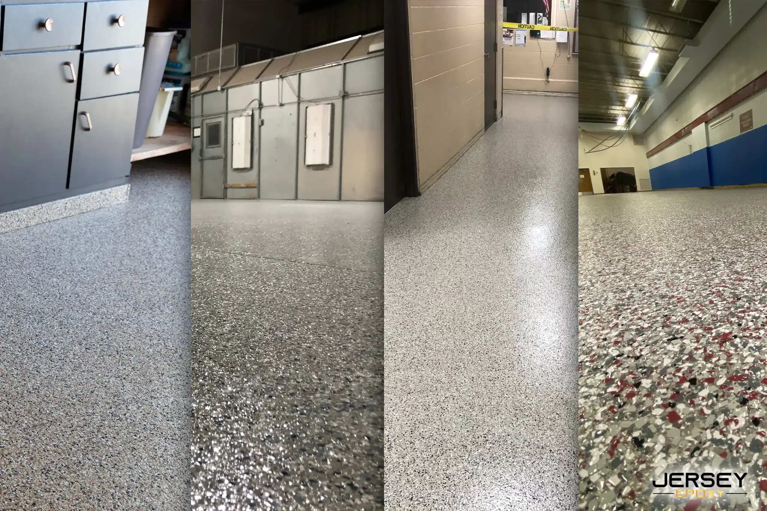 Durable epoxy flooring with high-gloss finish for commercial and industrial spaces.