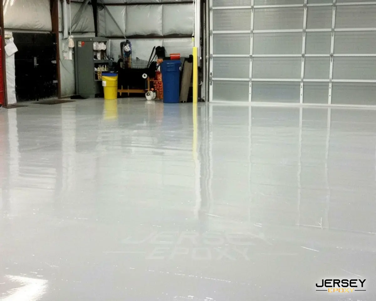 Polished epoxy garage floor coating in industrial warehouse setting, durable epoxy flooring service.