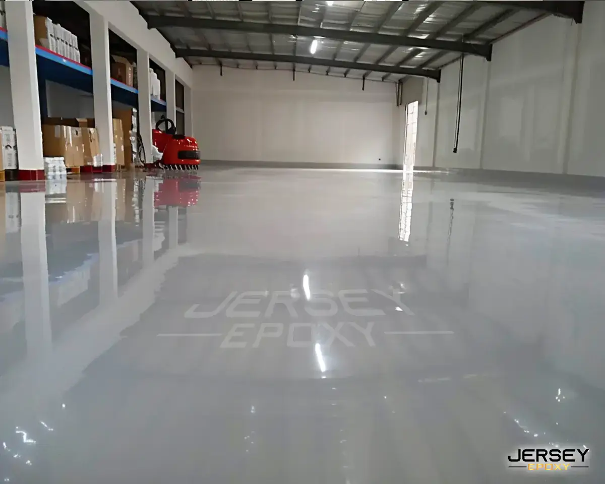 Polished epoxy garage floor with Jersey Epoxy branding, sleek and durable seamless coating.