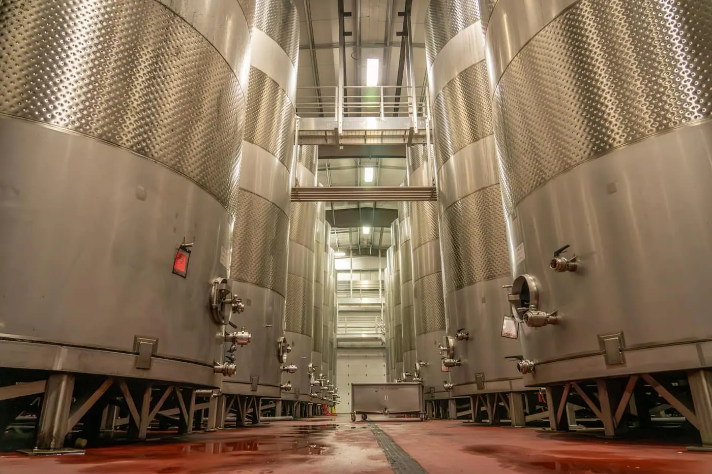 Stainless fermentation tanks in a working brewery above a seamless production floor