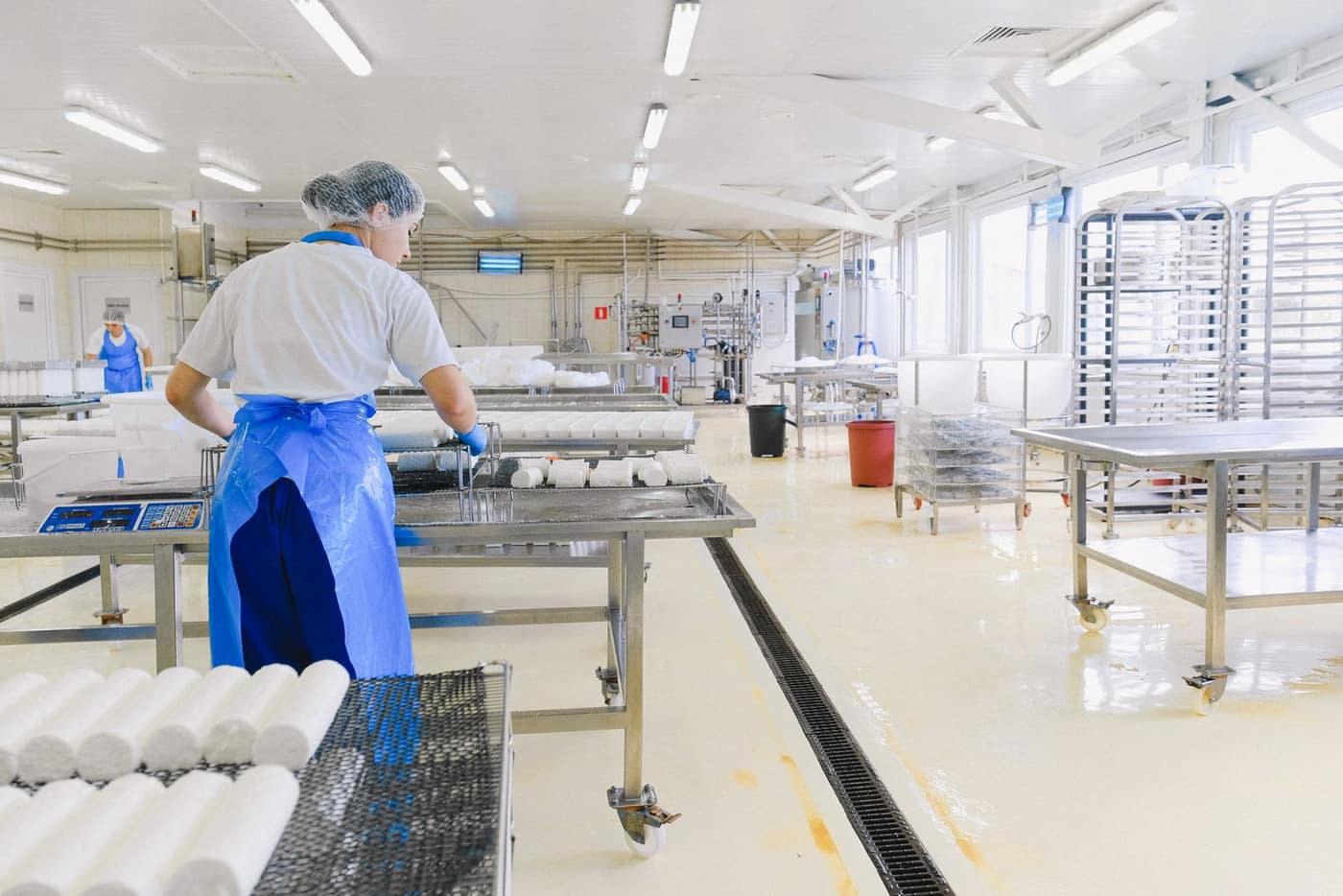 Gowned worker in a dairy processing room handling product on stainless equipment