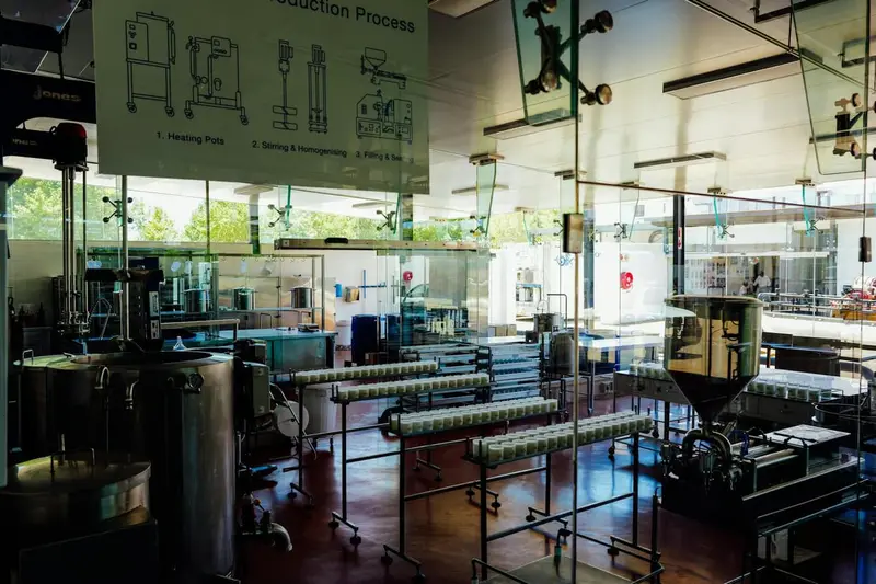 Interior of a modern food processing plant with stainless equipment over a seamless production floor