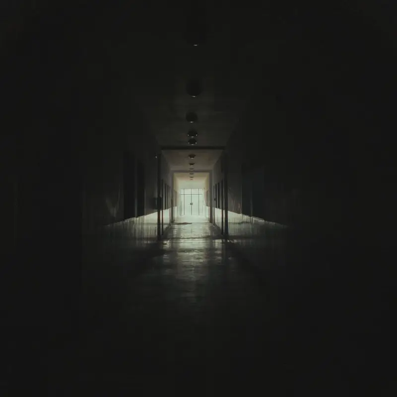 Long school corridor with a clean, seamless hard floor between rows of lockers