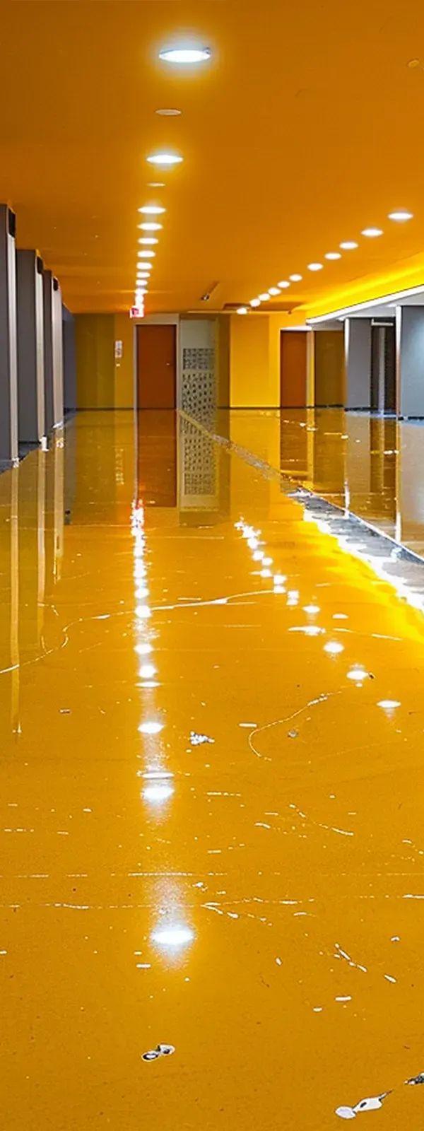 Sparkling yellow epoxy floor with reflective finish in commercial space.