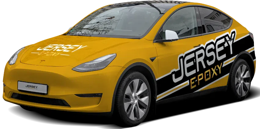Yellow Tesla with Jersey Epoxy branding on hood and sides, promoting epoxy flooring solutions.
