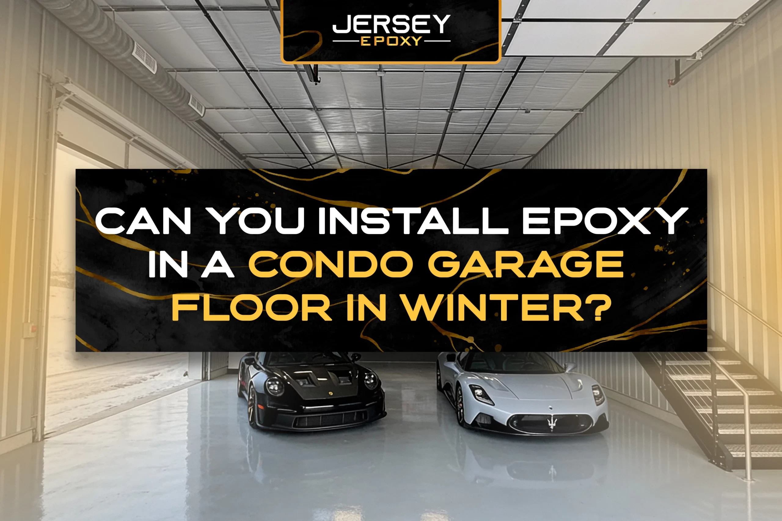 Durable epoxy garage floor coating inside condo garage with luxury cars.