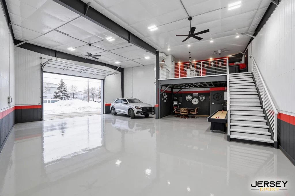 Can You Install Epoxy in a Condo Garage Floor in Winter? Polished epoxy garage floor with a sleek, glossy finish in a spacious, high-ceiling workshop.