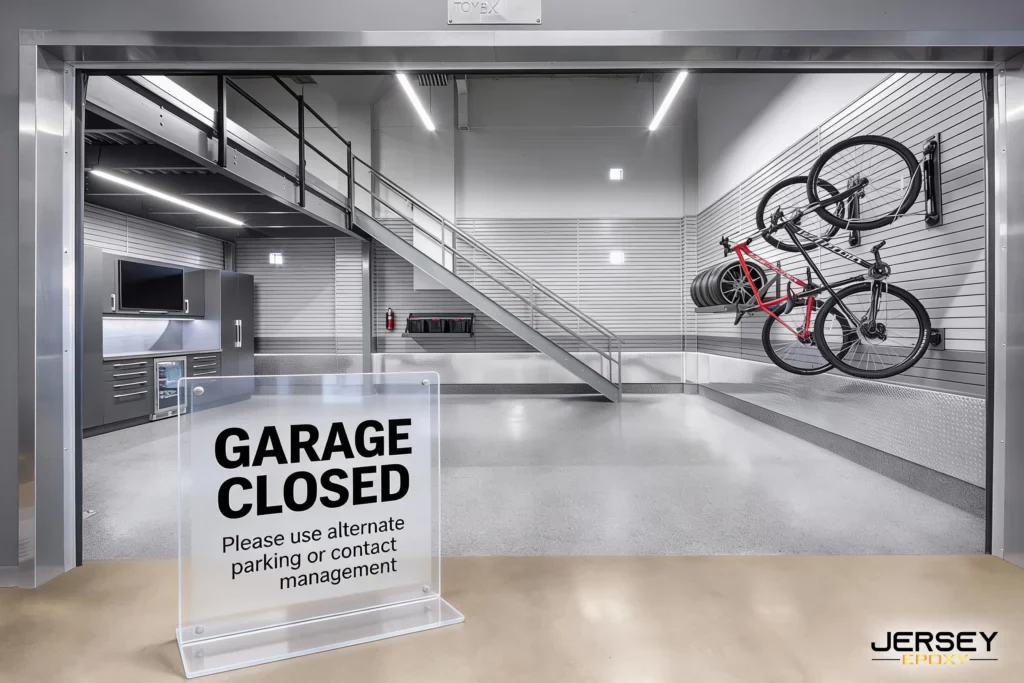 Can You Install Epoxy in a Condo Garage Floor in Winter? Heavy-duty epoxy garage floor with bike storage and industrial finish for durability.